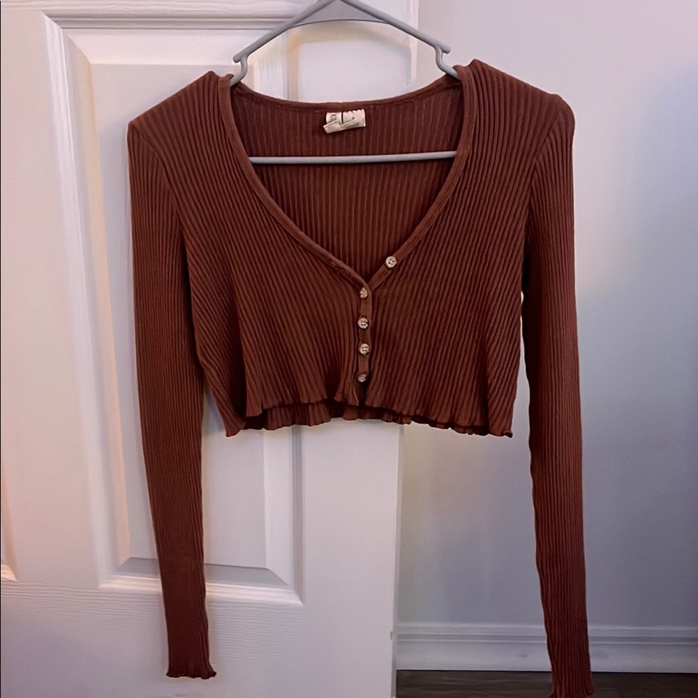 Brown Ribbed Button-Up Crop Top